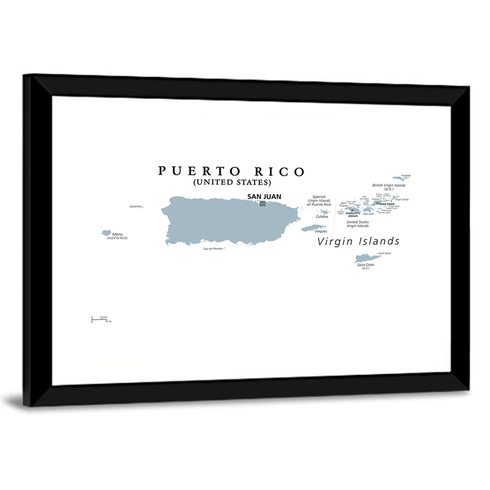 Puerto Rico and Virgin Islands Political Map Wall Art