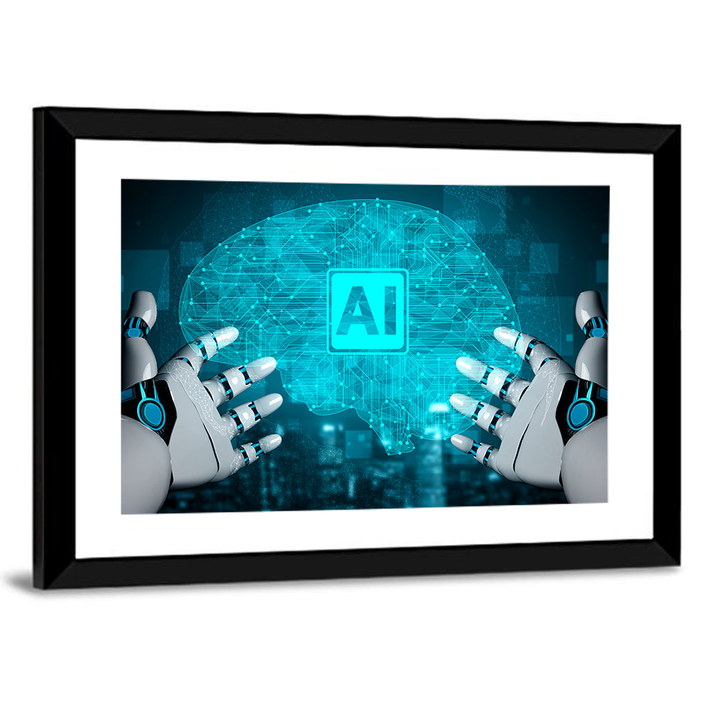 Glowing Ai Brain with Robotic Hands Wall Art