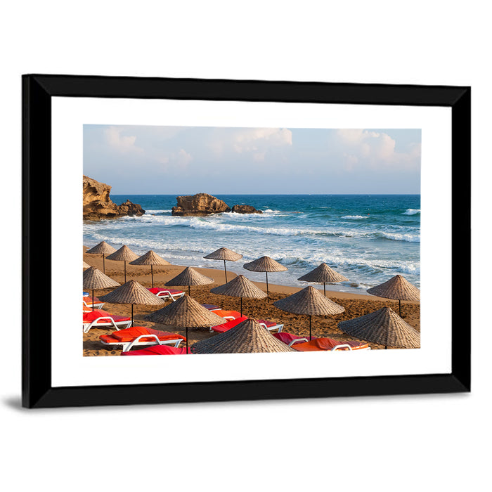 Straw Umbrellas on Sunny Beach Wall Art as a framed print