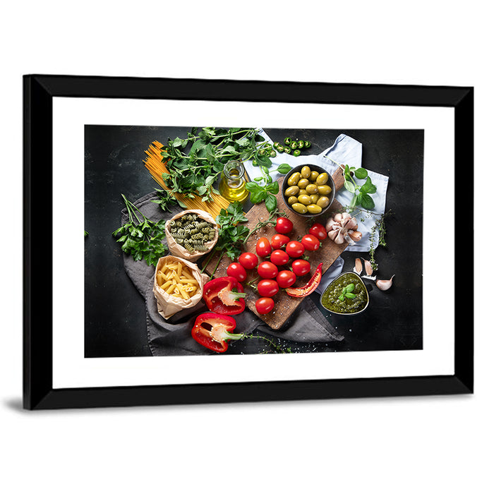 Italian Ingredients Flat Lay Wall Art as a framed print