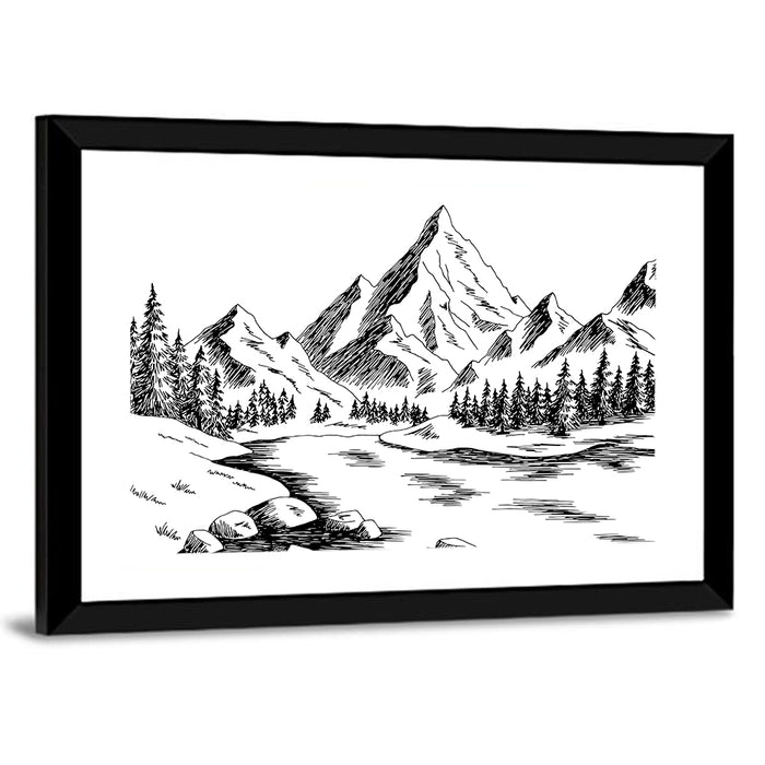Monochrome Mountain Lake Sketch Wall Art as a framed print