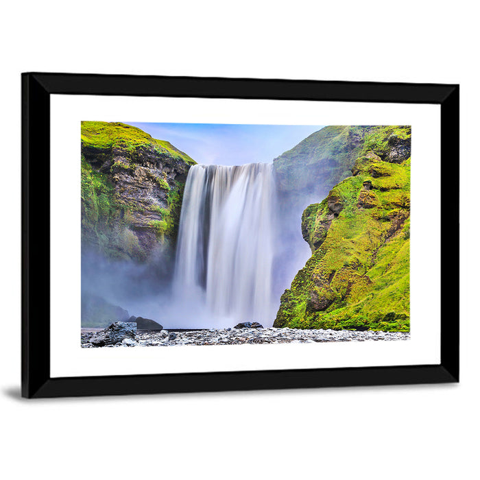 Mossy Skógafoss Waterfall Wall Art as a framed print