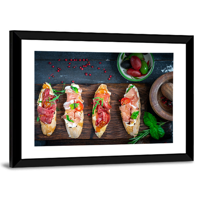 Bruschetta with Prosciutto and Olives Wall Art as a framed print
