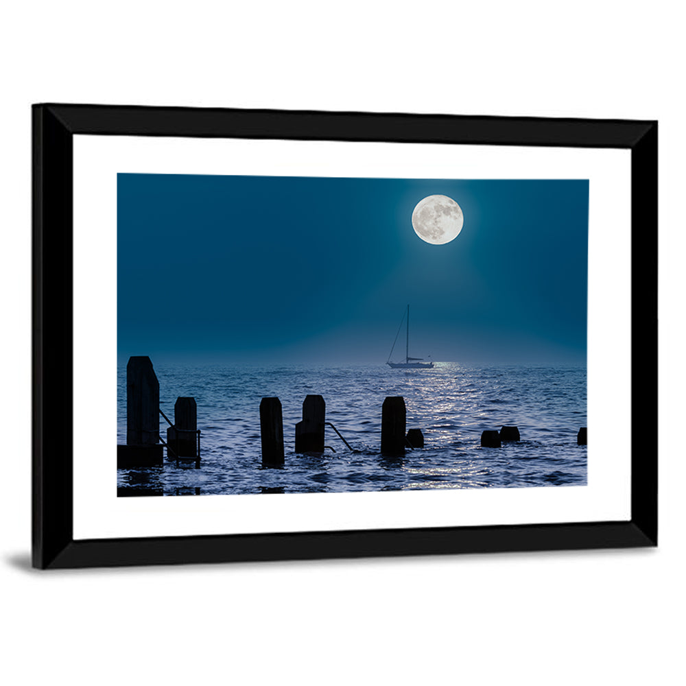 Moonlit Sailboat with Wooden Pylons Wall Art