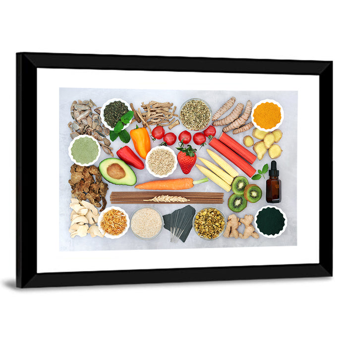 Flat Lay Health Foods and Herbs Wall Art as a framed print