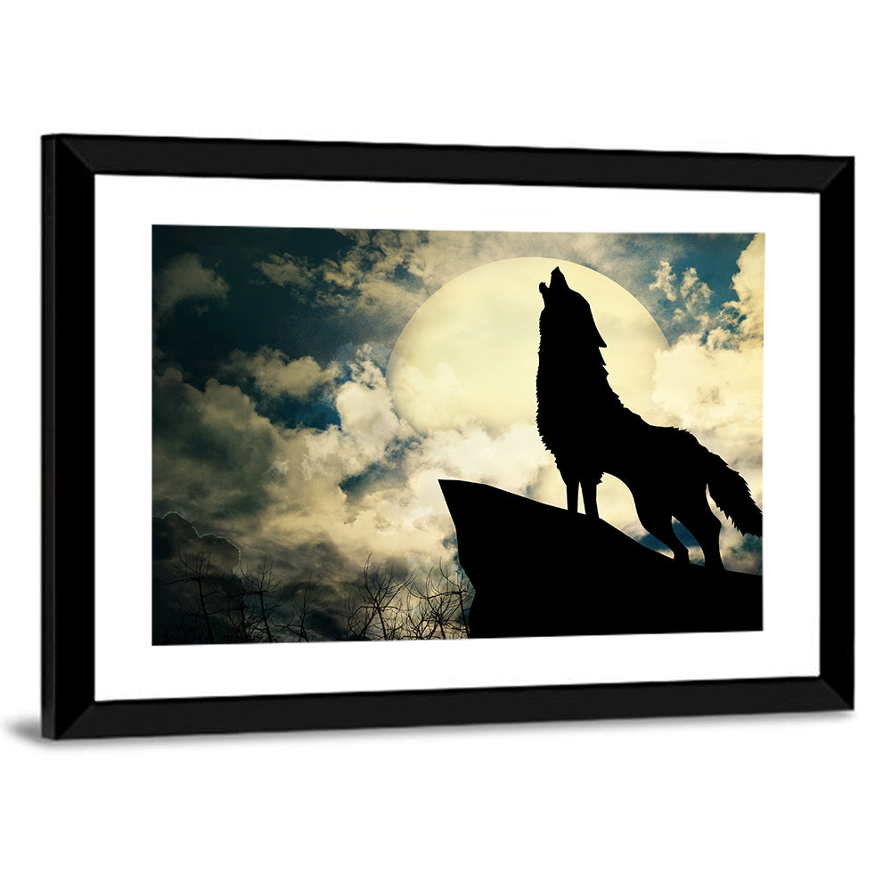 Howling Wolf Silhouette Against Full Moon Wall Art