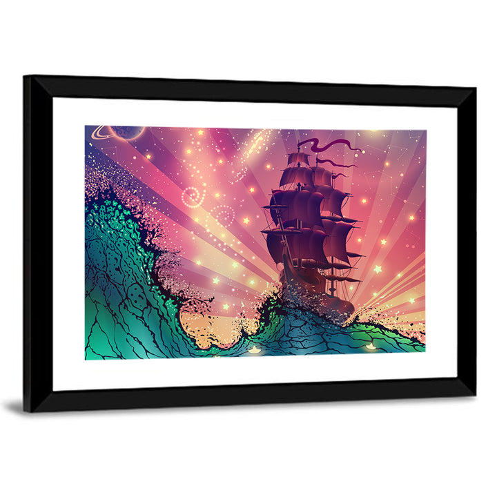 Tall Ship on Cosmic Waves Wall Art