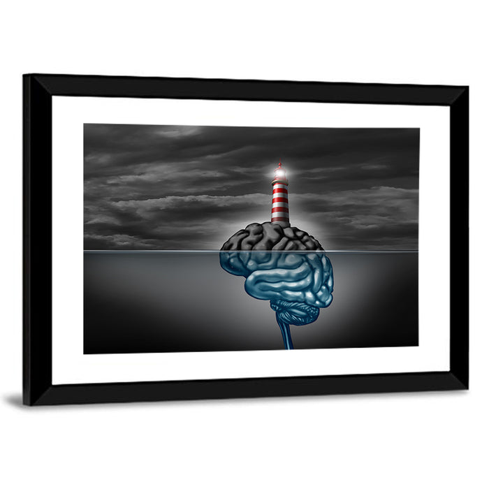 Surreal Brain Lighthouse Wall Art as a framed print