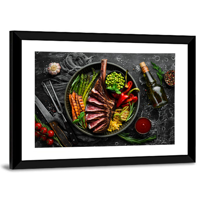 Tomahawk Steak in Cast Iron Pan Wall Art as a framed print