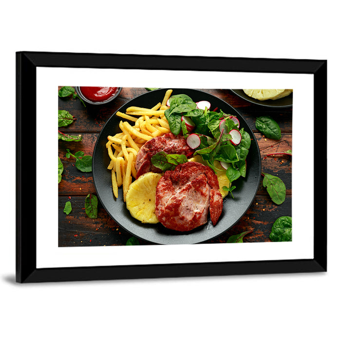 Gammon Steak with Fries and Pineapple Wall Art as a framed print