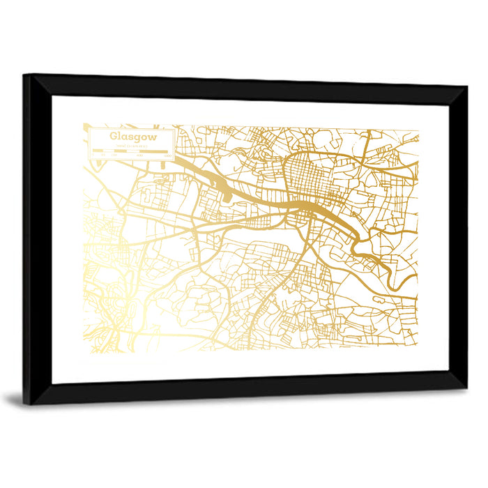 Glasgow Gold Line Map Wall Art as a framed print