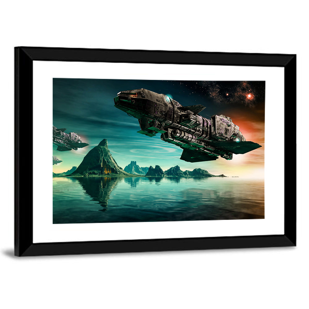 Dusk Battle Spacecraft Over Mountain Lake Wall Art