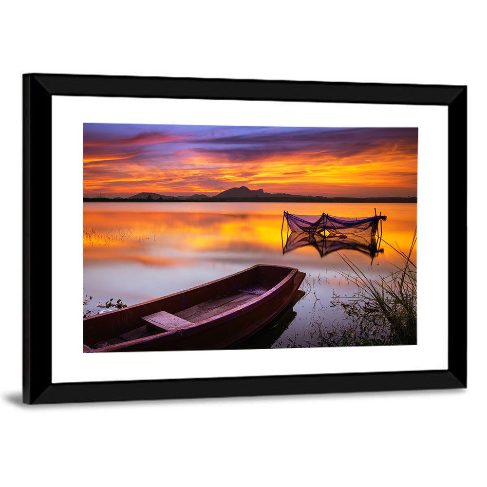 Boat Near Fishing Net at Sunset Wall Art