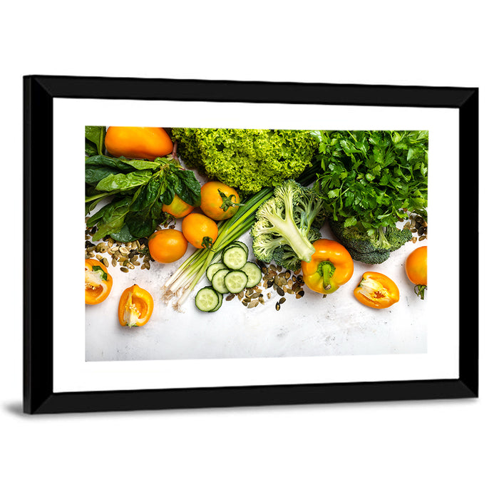 Fresh Vegetable Flat Lay Wall Art as a framed print
