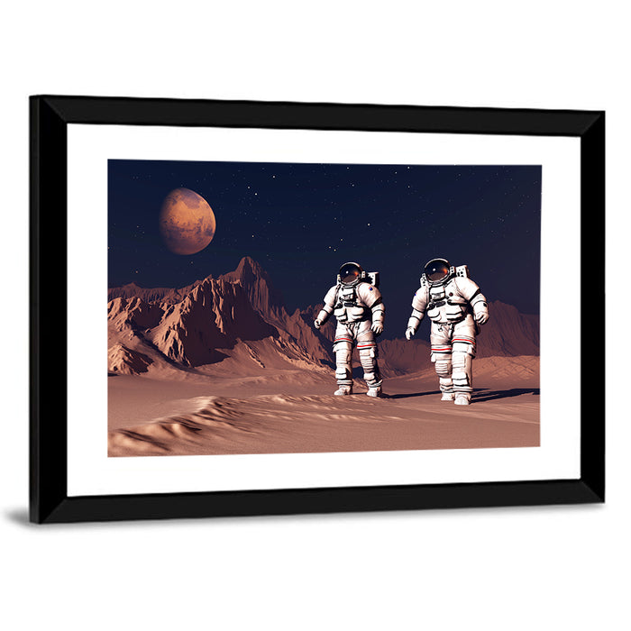 Two Astronauts on Desert Planet Wall Art as a framed print