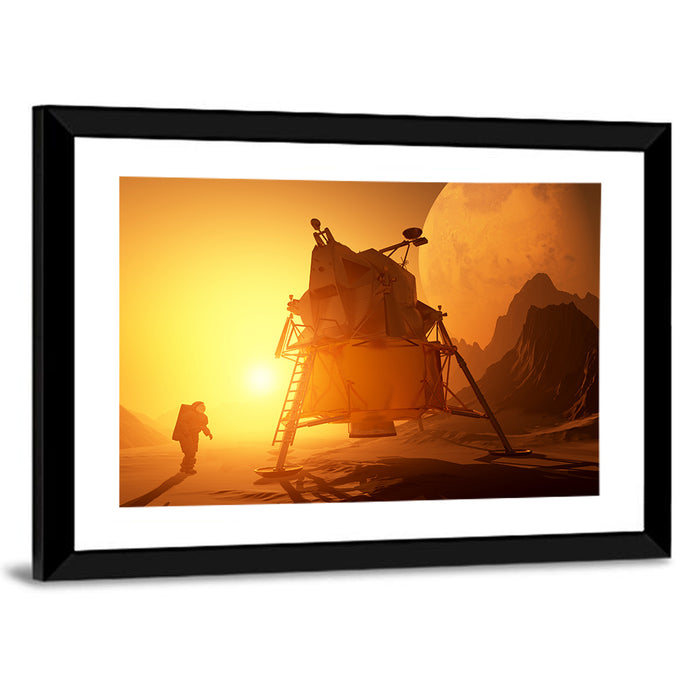 Moonwalker with Lunar Module at Sunset Wall Art as a framed print