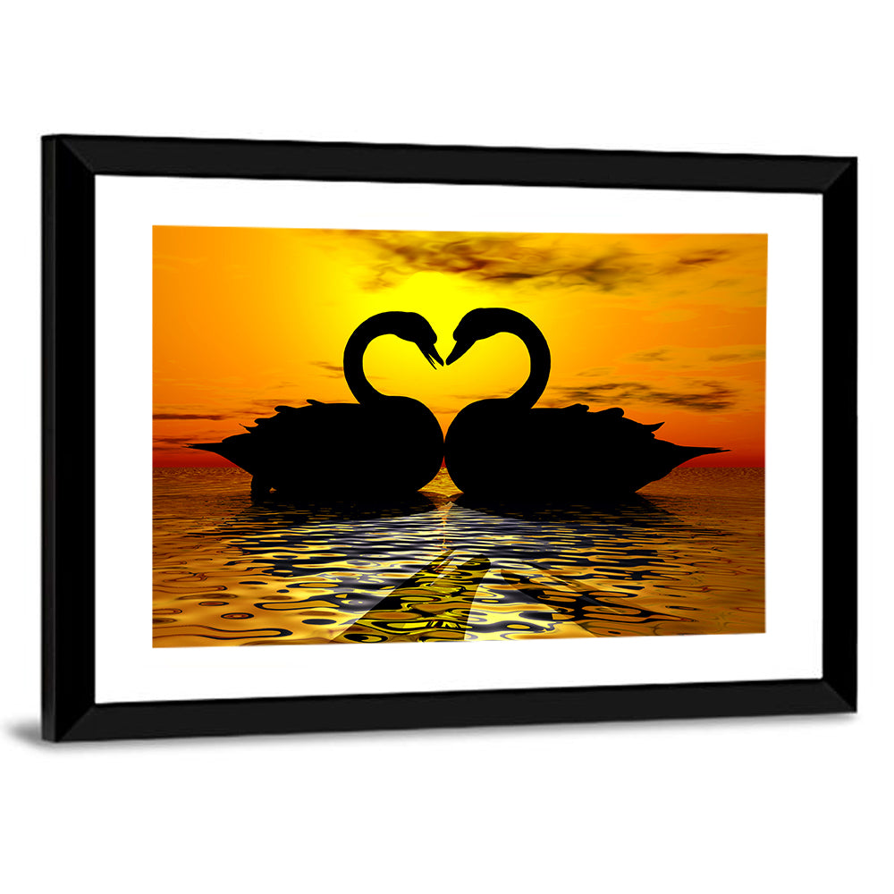 Swans Forming Heart at Sunset Wall Art