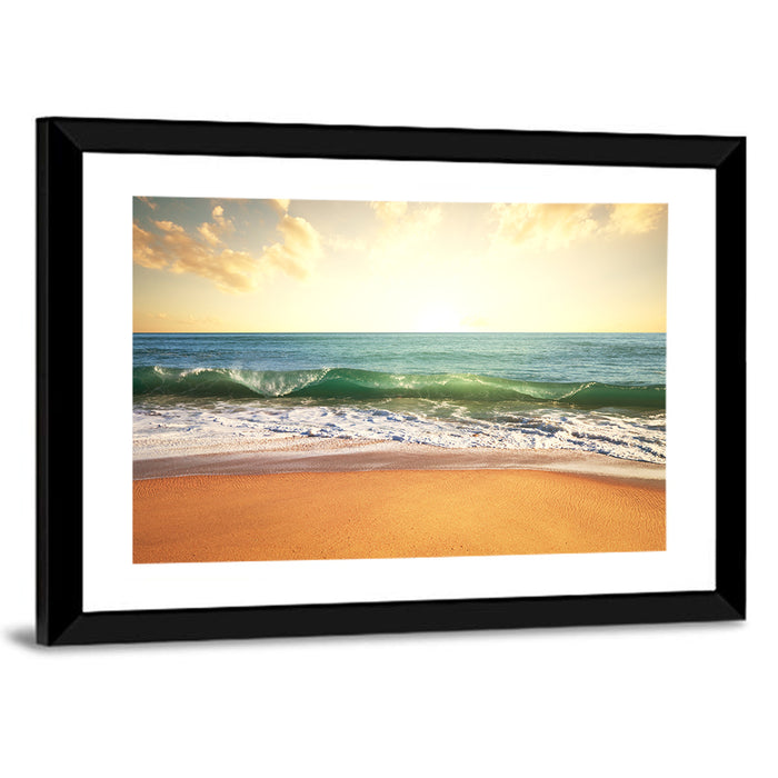 Sunset Over Breaking Wave Wall Art as a framed print