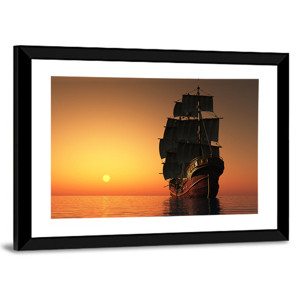 Sailing Ship at Golden Sunset Wall Art