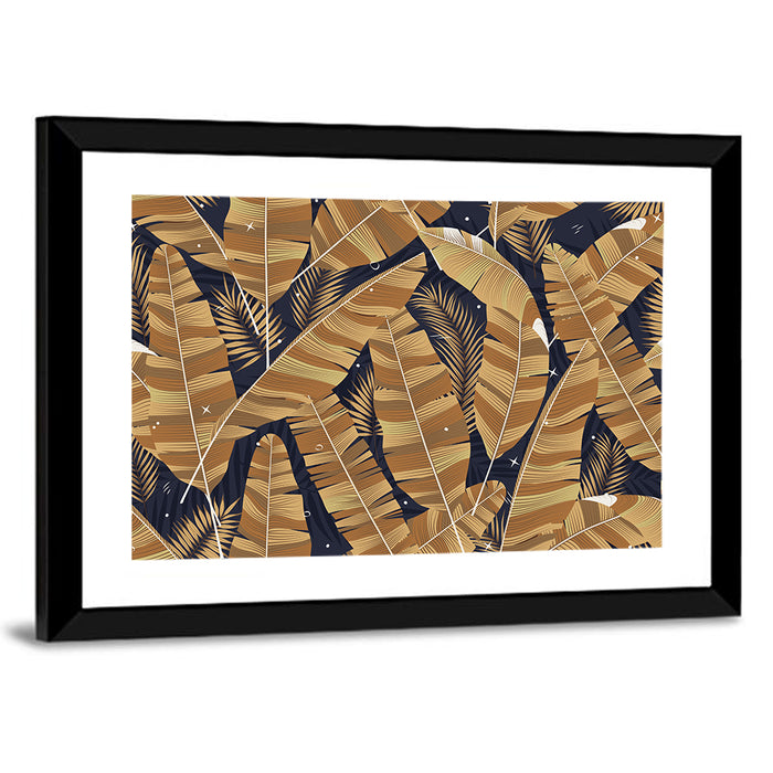 Golden Banana Leaves Pattern Wall Art as a framed print