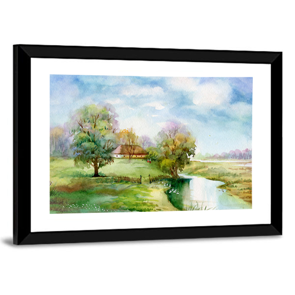 Thatched Cottage by the River Wall Art