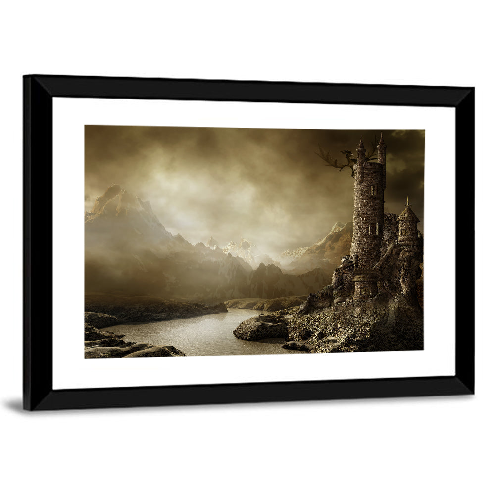 Dragon Perched on Stone Tower Wall Art