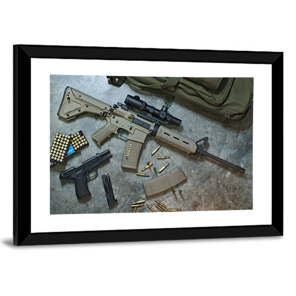 Scoped Rifle and Handgun with Ammo Wall Art