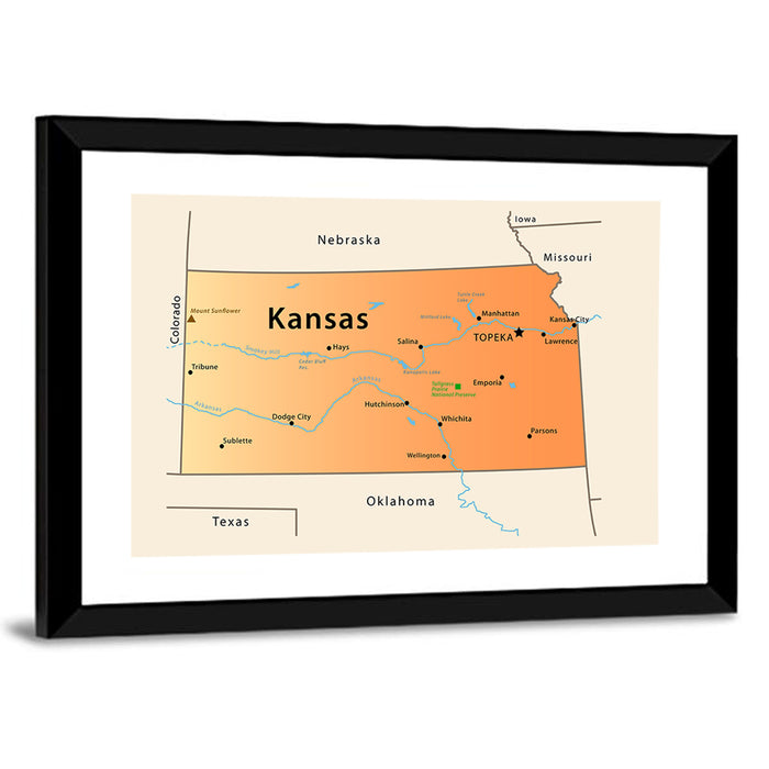 Kansas State Map Wall Art as a framed print