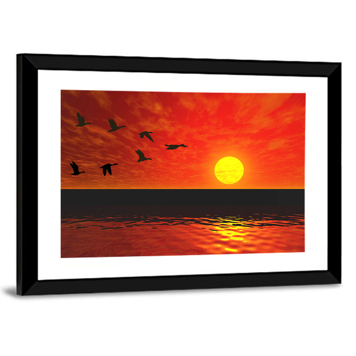 Ducks at Sunset Silhouette Wall Art as a framed print