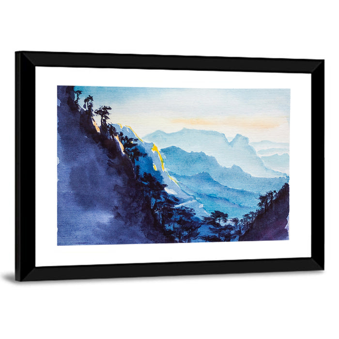 Dawn Light Watercolor Mountain Forest Wall Art as a framed print