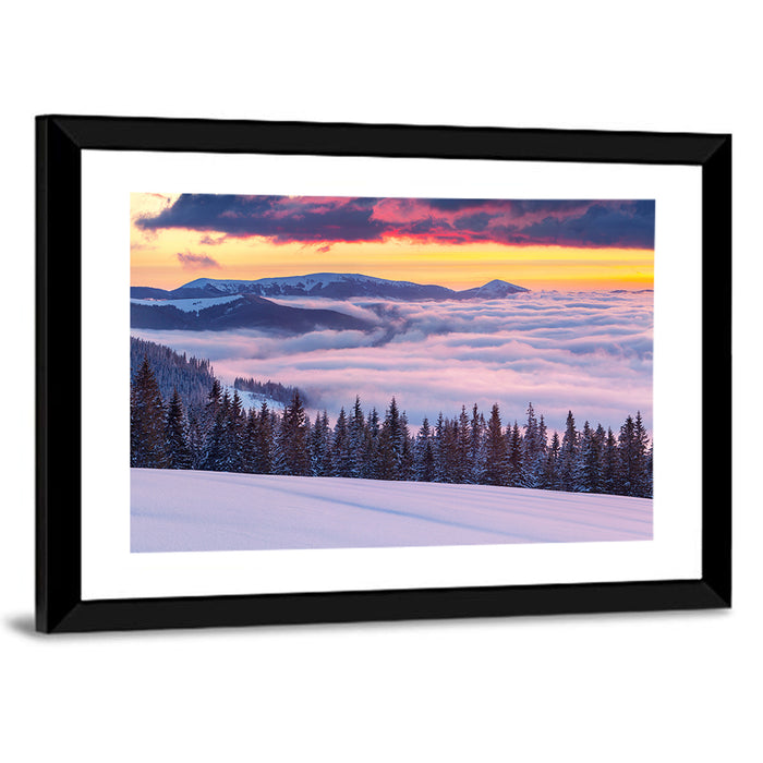 Morning Fog Over Winter Peaks Wall Art as a framed print