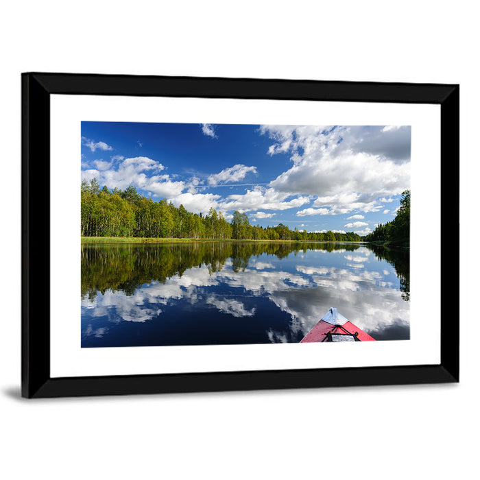 Red Kayak on Calm Lake Wall Art as a framed print