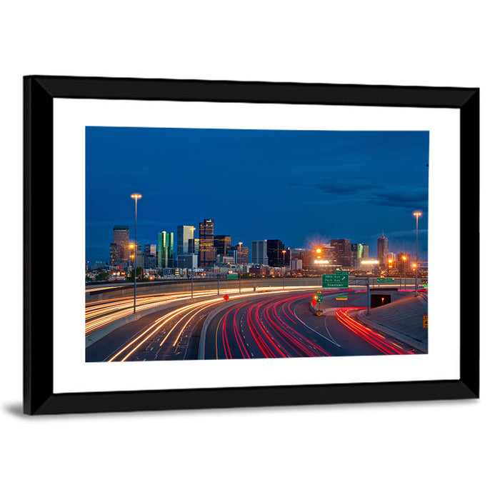 Denver Skyline with Light Trails Wall Art as a framed print