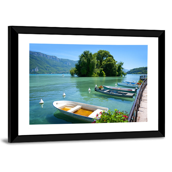 Lake Annecy Sunny Shoreline Wall Art as a framed print