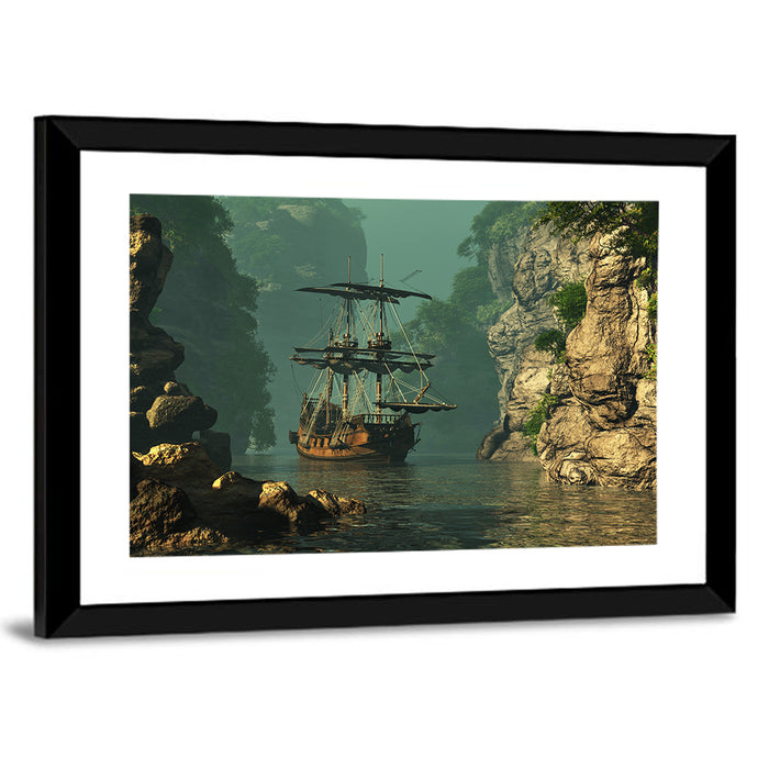 16th Century Sailing Ship in Gorge Wall Art as a framed print
