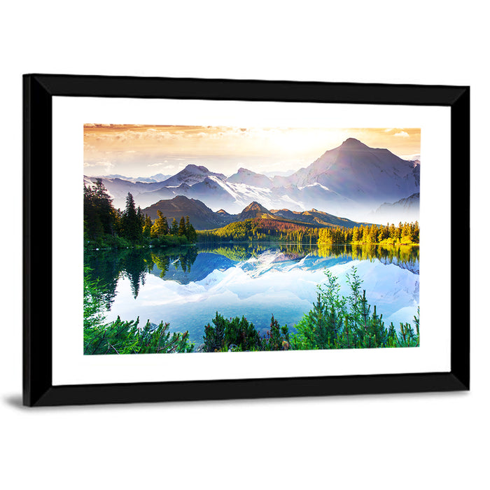 Sunlit Mountain Lake Reflection Wall Art as a framed print