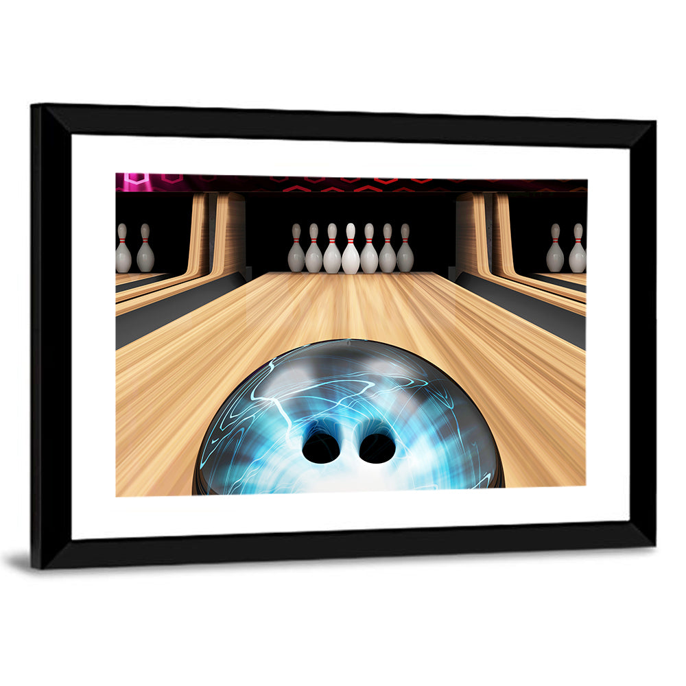 Glowing Blue Bowling Ball on Wooden Lane Wall Art
