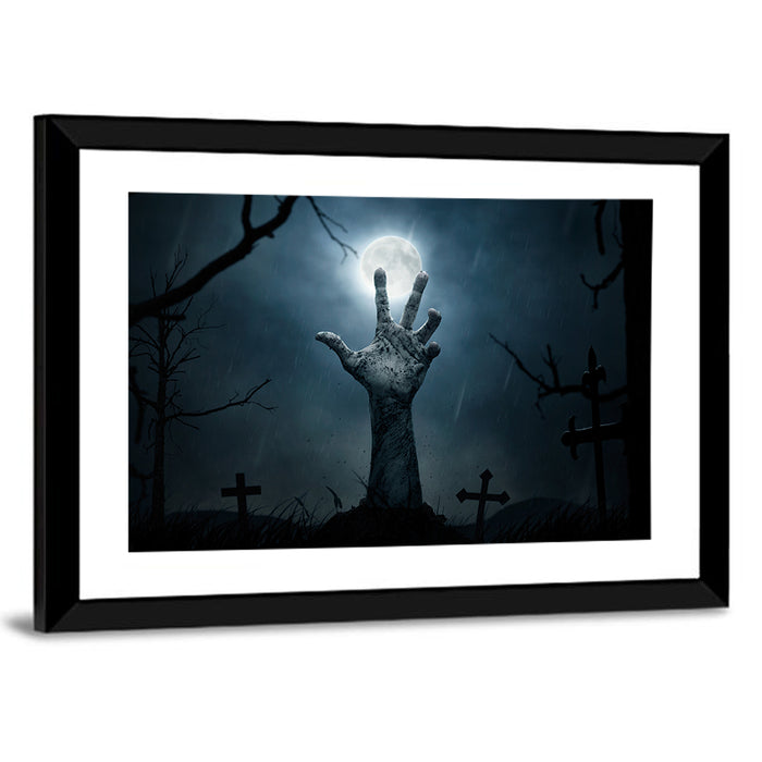 Rising Zombie Hand Under Moonlight Wall Art as a framed print