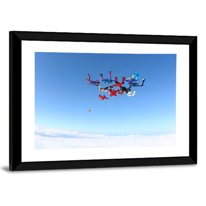 Skydiving Formation Over Clouds Wall Art as a framed print