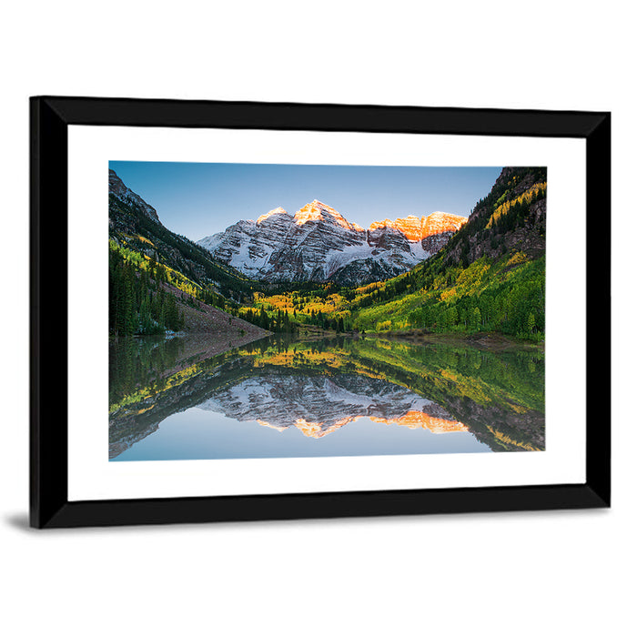 Maroon Bells Sunrise Reflection Wall Art as a framed print