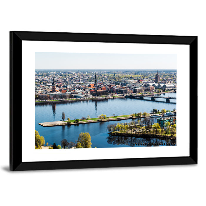 Riga Riverfront with St. Peter's Church Wall Art as a framed print
