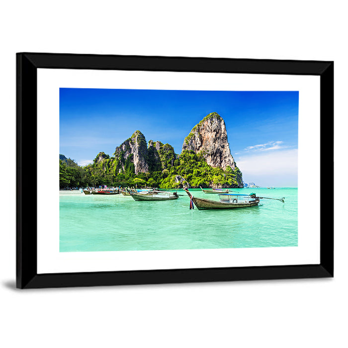 Railay Beach Long-tail Boats Wall Art as a framed print