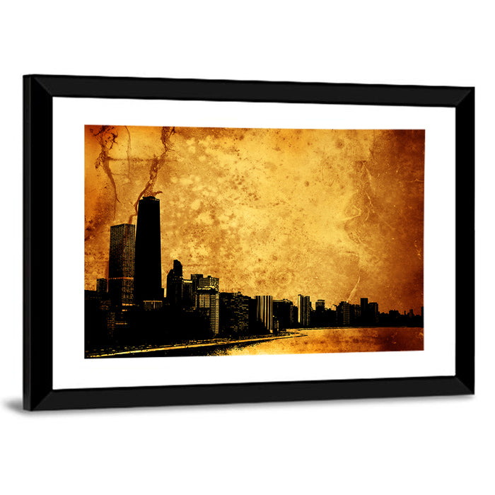 Grunge City Skyline at Dusk Wall Art as a framed print