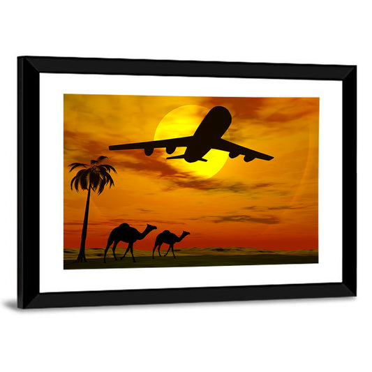 Tropical Sunset With Airplane Wall Art