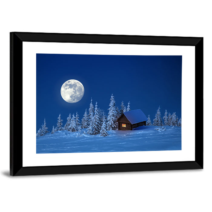 Moonlit Winter Cabin in Forest Wall Art as a framed print