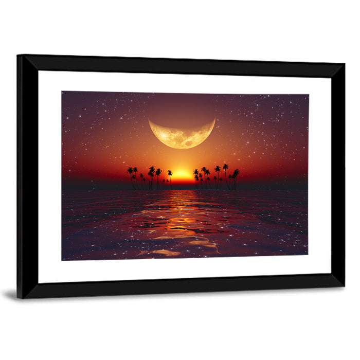 Golden Crescent Over Tropical Sunset Wall Art as a framed print