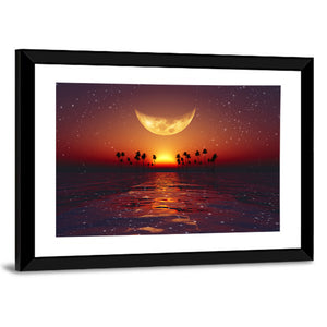 Yellow Moon Over Red Sunset At Tropical Sea Wall Art