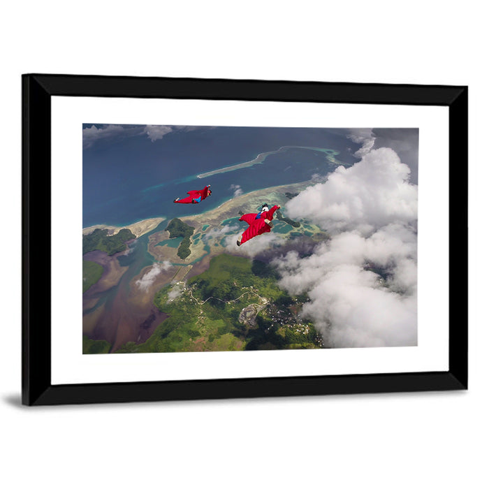 Wingsuit Duo Over Palau Coast Wall Art as a framed print