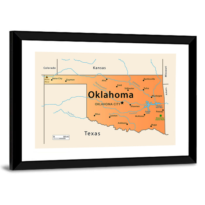 Oklahoma State Map Wall Art as a framed print