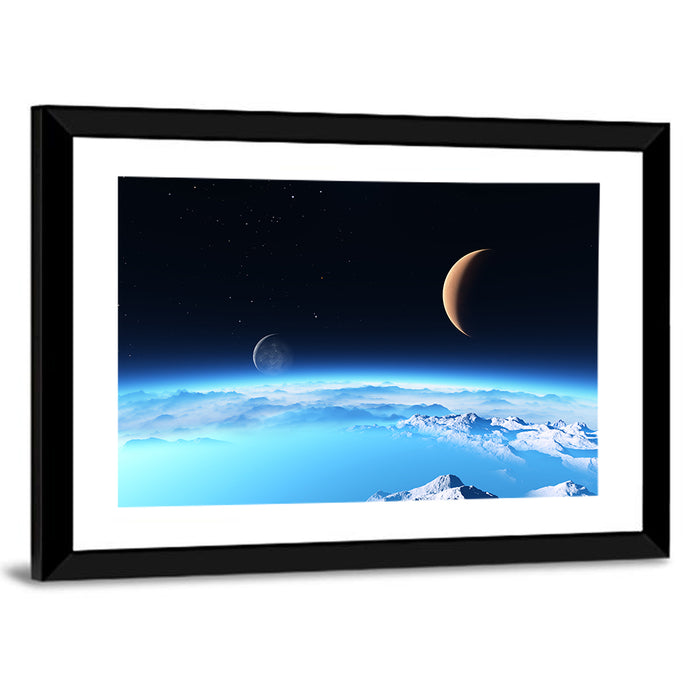 Ice Planet with Crescent Moon Wall Art as a framed print